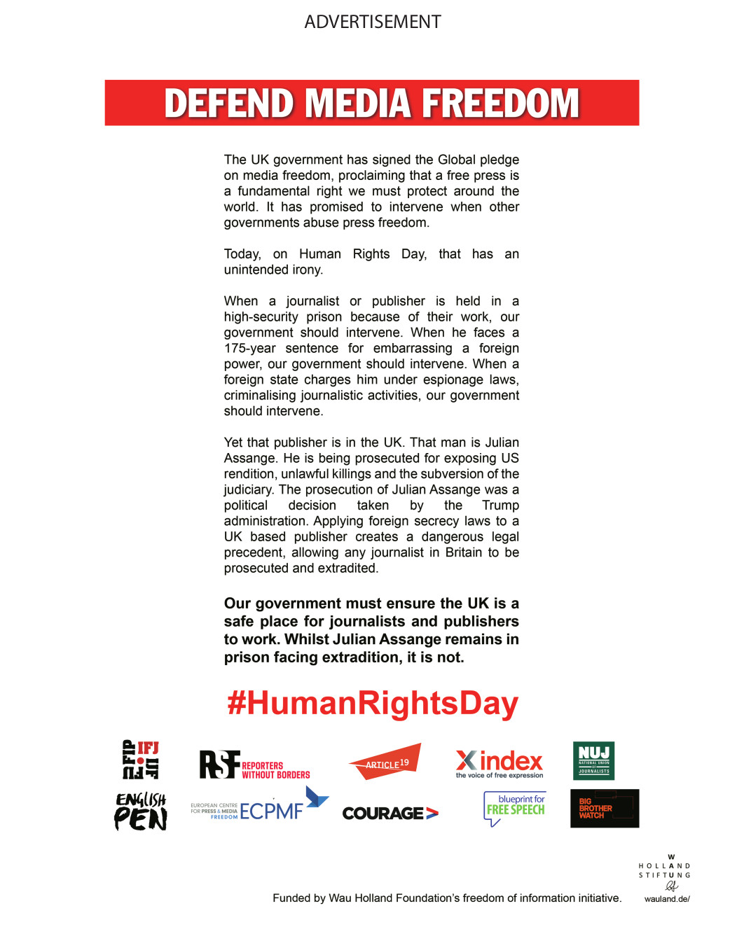 Anzeige zu Medienfreiheit - Wau Holland Stiftung